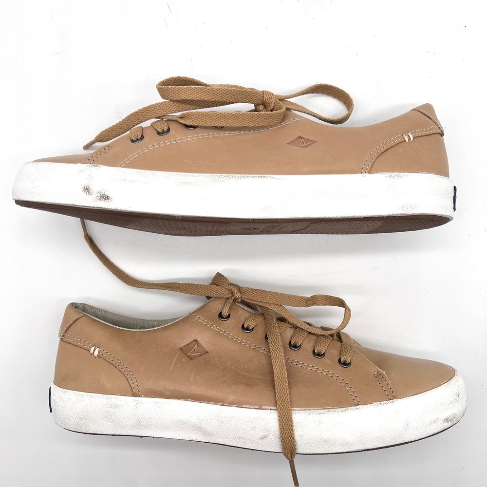 SPERRY Sneaker Mens 7 Tan Leather Low Top Top-sider striper Leather Sneaker NWOB - Picture 5 of 12